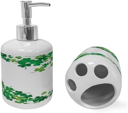 Ambesonne Clover Soap Dispenser Toothbrush Holder Set 2 Pcs Green Fern Green