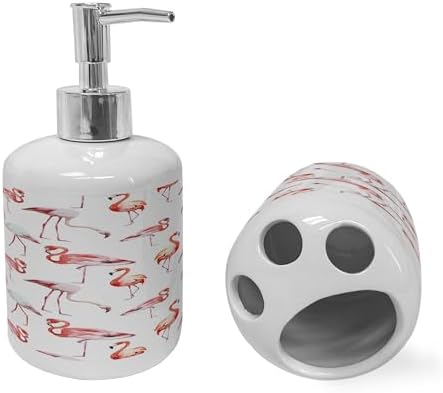 Ambesonne Flamingo Soap Dispenser Toothbrush Holder Set Pale Pink Coral