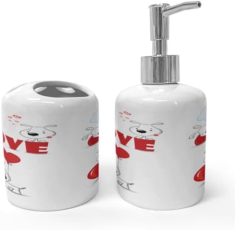 Ambesonne Funny Dog Heart Soap Dispenser Toothbrush Holder Set 2 Pcs Red White