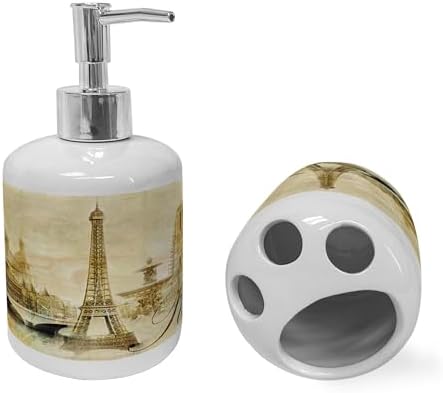 Ambesonne Paris Ceramic Soap Toothbrush Holder Set 2 Pcs Beige