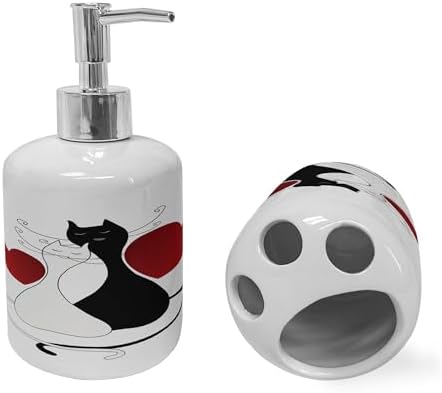 Ambesonne Romantic Cats Soap Dispenser Toothbrush Holder Set