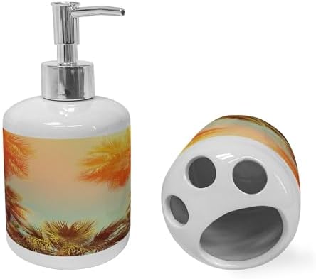 Ambesonne Ceramic Soap Dispenser Toothbrush Holder Set Orange Green