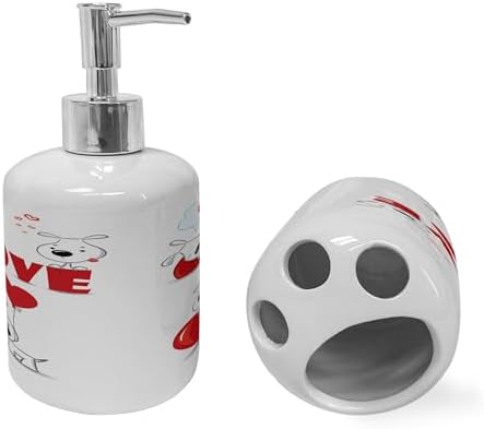 Ambesonne Funny Dog Heart Soap Dispenser Toothbrush Holder Set 2 Pcs Red White