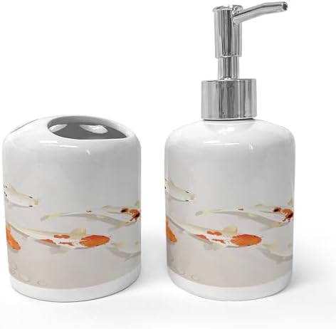 Ambesonne Animal Soap Dispenser Toothbrush Holder Set Ceramic 2 Pcs Orange Beige