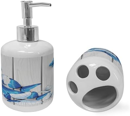 Ambesonne Ceramic Soap Toothbrush Holder Set Blue White Butterflies