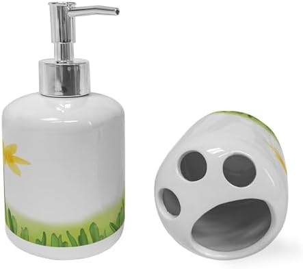 Ambesonne Daffodil Ceramic Soap Dispenser Toothbrush Holder Set