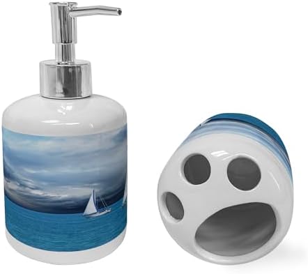 Ambesonne Ceramic Soap Toothbrush Holder Set Blue Grey Blue White