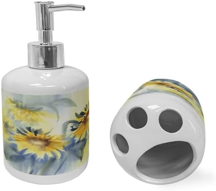 Ambesonne Floral Soap Dispenser and Toothbrush Holder Set Blue Grey Pale Yellow