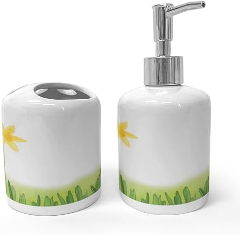 Ambesonne Daffodil Ceramic Soap Dispenser Toothbrush Holder Set