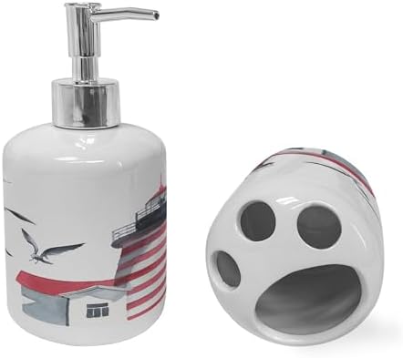 Ambesonne Lighthouse Soap Dispenser Toothbrush Holder Set 2 Pcs Red Grey White