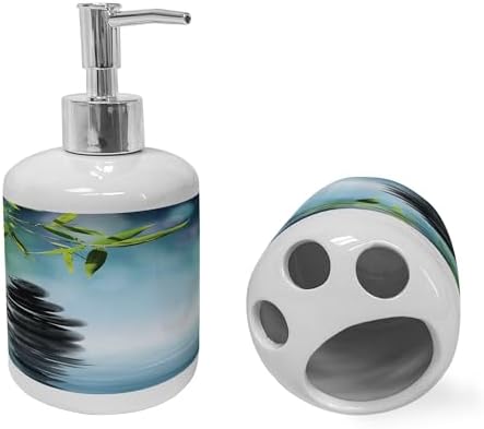 Ambesonne Ceramic Spa Soap Dispenser Toothbrush Holder Set 2 Pcs