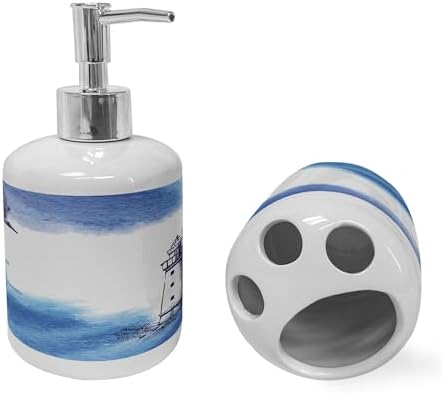 Ambesonne Lighthouse Ceramic Soap Toothbrush Holder Set Blue and White