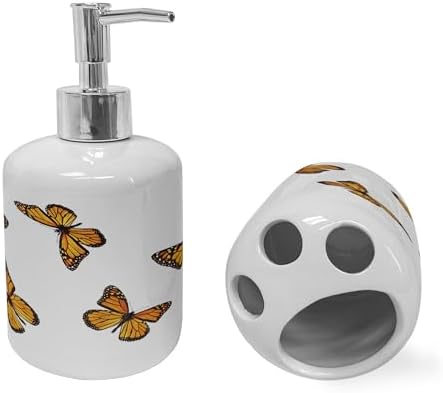 Ambesonne Butterfly Soap Dispenser Toothbrush Holder Set Earth Yellow Orange