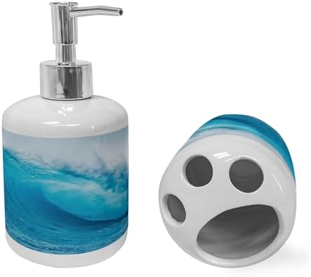 Ambesonne Ocean Soap Dispenser Toothbrush Holder Set 2 Pcs Aqua White