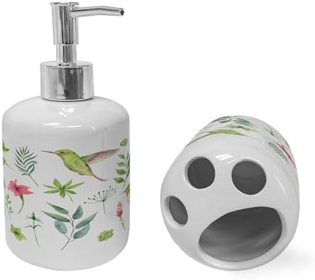 Ambesonne Hummingbird Soap Dispenser Toothbrush Holder Set 2 Pcs White Apple Green