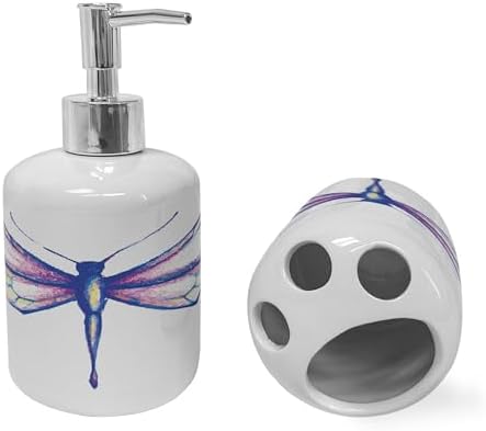 Ambesonne Dragonfly Ceramic Soap Dispenser Toothbrush Holder Set 2 Pcs