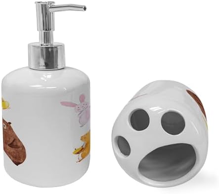 Ambesonne Animals Soap Dispenser Toothbrush Holder Set Ceramic 2 Pcs