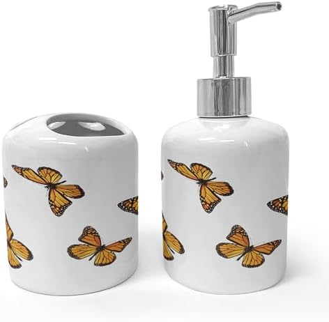 Ambesonne Butterfly Soap Dispenser Toothbrush Holder Set Earth Yellow Orange