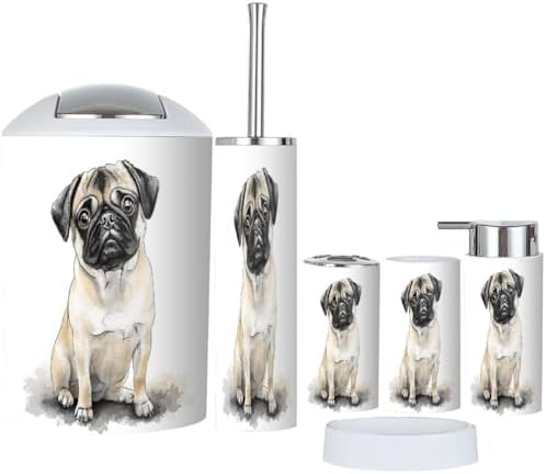 Boho Bathroom Accessory Set 6 Piece with Pug Design