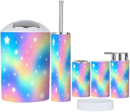 Boho Rainbow Glitter Stars Bathroom Accessories Set 6 Piece