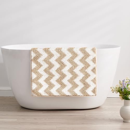 CozeCube Chenille Bath Rug 48x24 Plush Non-Slip Microfiber Chevron Mat - Beige