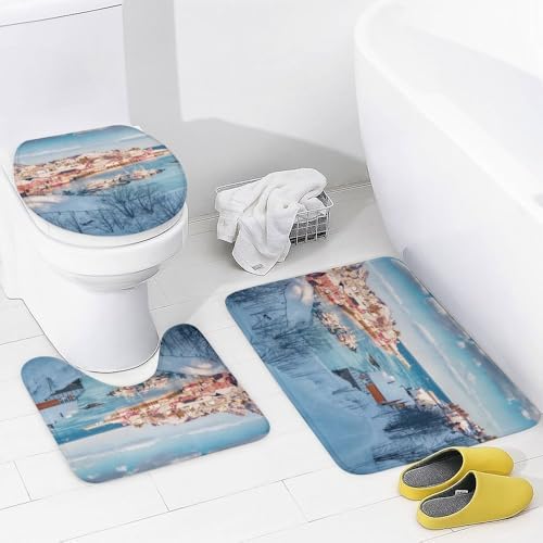 Kuizee 4 Piece Winter Scene Shower Curtain Set with Rugs and 12 Hooks