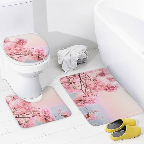 Kuizee 4 Piece Shower Curtain Set with Rugs Pink Floral Design