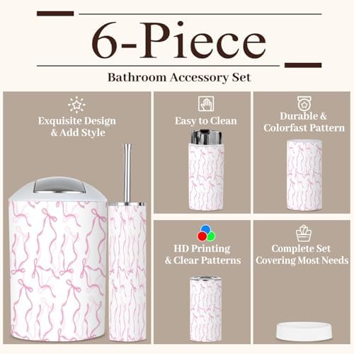 6 Piece Bathroom Accessories Set in Elegant Pink and White