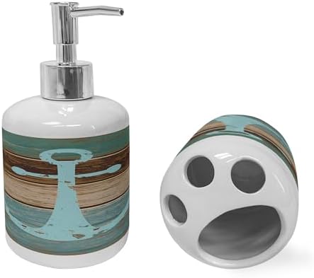 Ambesonne Anchor Soap Dispenser Toothbrush Holder Set Pale Blue Brown Teal
