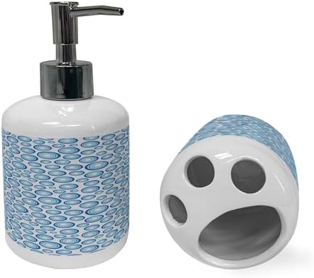 Ambesonne Geometric Soap Toothbrush Holder Set Retro Blue Ceramic 2 Pcs