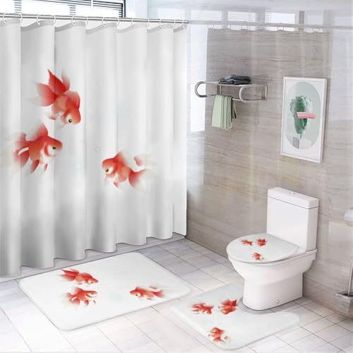 Kuizee 4-Piece Shower Curtain Set with Rugs Red Goldfish Design