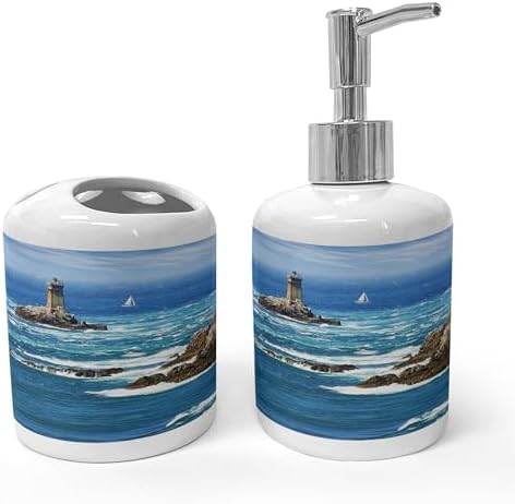 Ambesonne Lighthouse Soap Toothbrush Holder Set Ceramic 2 Pcs Blue Grey White