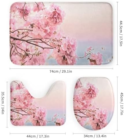 Kuizee 4 Piece Shower Curtain Set with Rugs Pink Floral Design