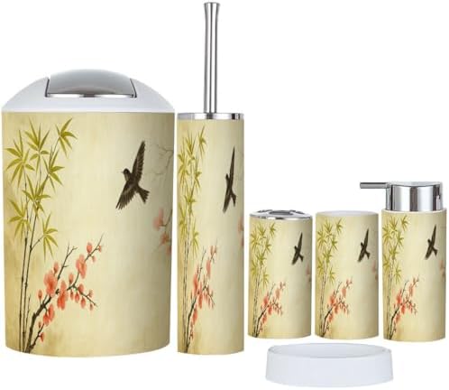 Boho Bathroom Accessory Set 6 Piece Bamboo Style