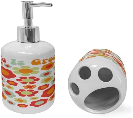 Ambesonne Groovy Soap Toothbrush Holder Set Mint Green Orange Red