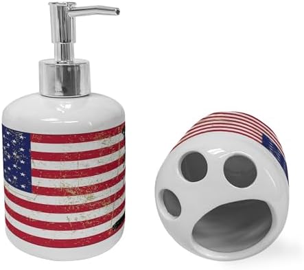Ambesonne Ceramic Soap Dispenser Toothbrush Holder Set Dark Coral White