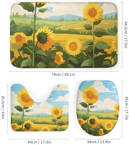 Kuizee 4-Piece Shower Curtain Set with Rugs Sunflower Field