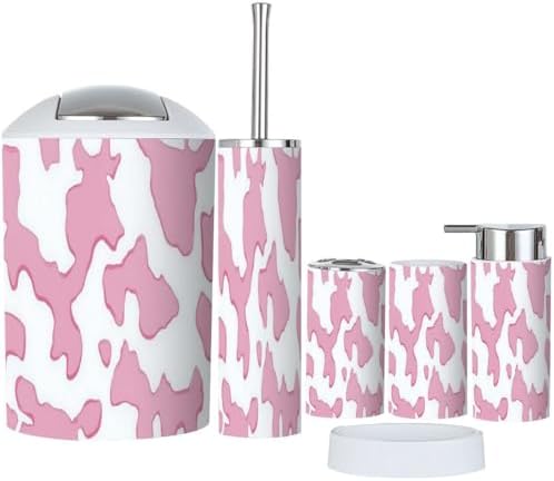 Boho Pink Cow Bathroom Accessory Set 6 Piece 1