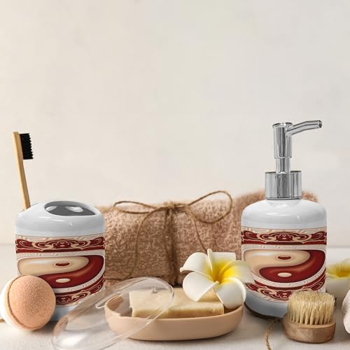 Ambesonne Ying Yang Soap Toothbrush Holder Set 2 Pcs Maroon Cream White
