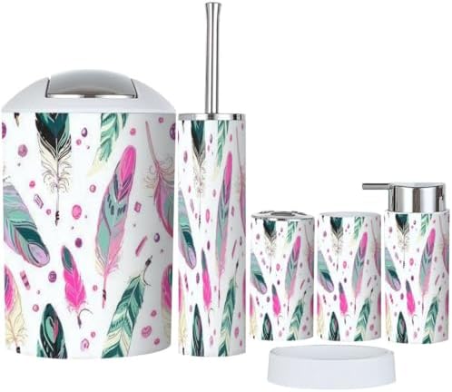 6 Piece Ethnic Bathroom Accessories Set with Feathers Design