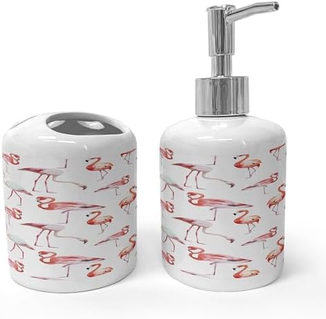 Ambesonne Flamingo Soap Dispenser Toothbrush Holder Set Pale Pink Coral