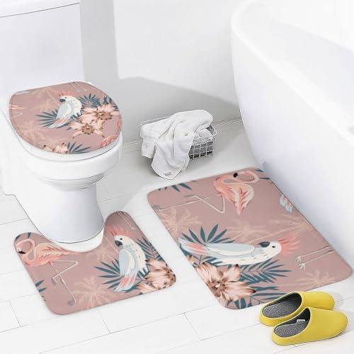 Kuizee Tropical Pink Flamingo Shower Curtain Set with Rugs 4 Pieces