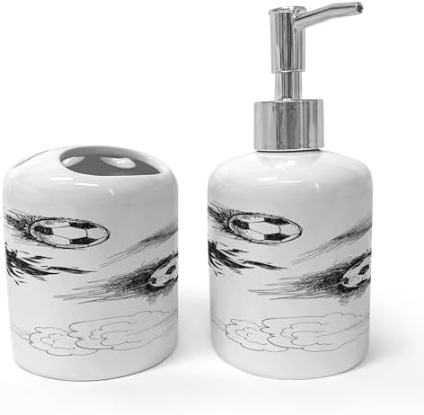 Ambesonne Soccer Soap Dispenser Toothbrush Holder Set