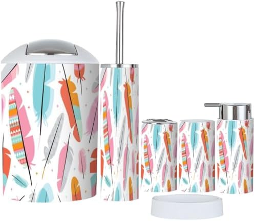 Modern Bathroom Accessories Set 6 Pcs with Feather Aztec Detail