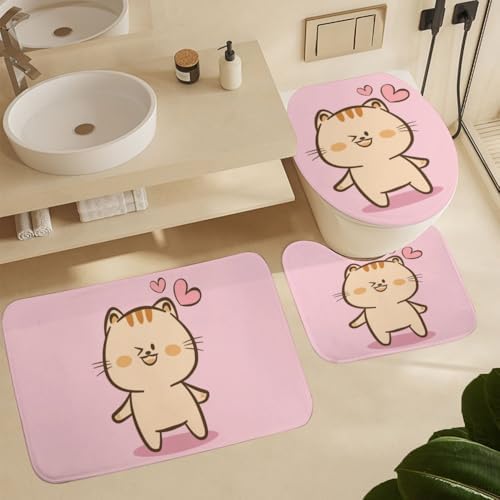 Kuizee 4-Piece Cute Cat Rabbit Shower Curtain Set with Non-Slip Rugs