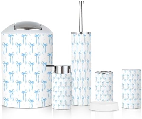 Coquette 6-Piece Bathroom Accessories Set with Blue Ribbon Bow Design