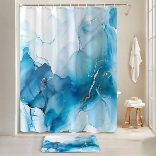 4-Piece Shower Curtain Set with Rugs and Mats Cyan Blue Pattern