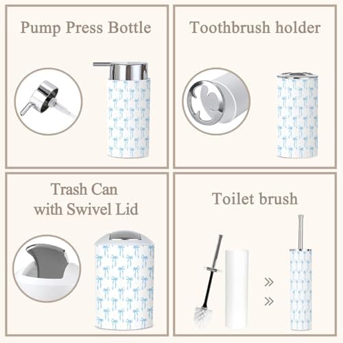 Coquette 6-Piece Bathroom Accessories Set with Blue Ribbon Bow Design
