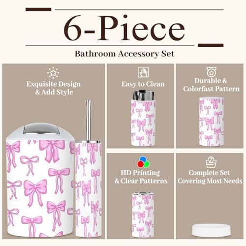 6-Piece Bathroom Accessories Set with Pink Bow Ribbon