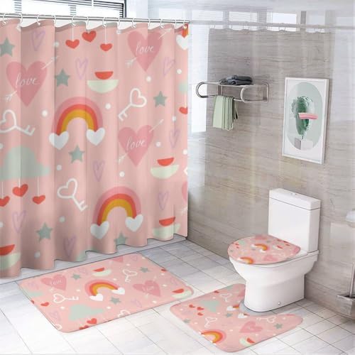 Kuizee 4-Piece Shower Curtain Set with Rugs - Happy Valentine Pink